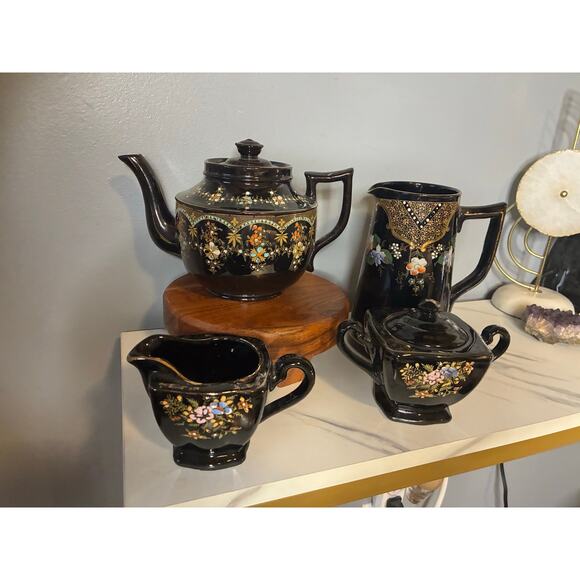 Antique Price Bros England Teapot Set – Hand-Painted Black Luster – 4-Piece Set - Picture 2 of 14